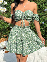 Women's Floral Printed Short Sleeve Off Shoulder Top And Skirt Set With Drawstring